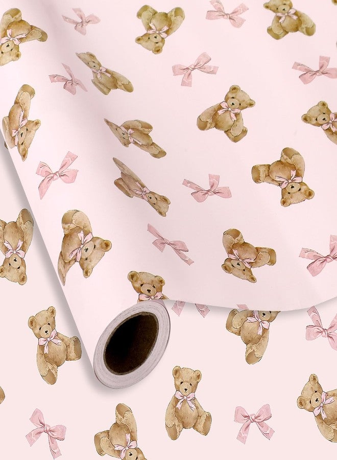 FYSUIMU Pink Bow Bear Wrapping Paper -Mini Roll- 17 Inch x 32.8 Ft Brown Bear Bow Knot Gift Wrap Paper Cute Pink Art Paper for Baby Shower Birthday Supplies - Image 1